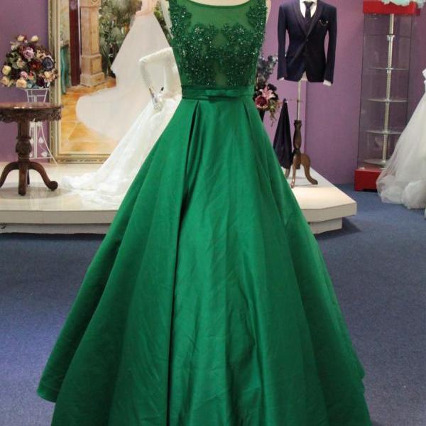 Green Satin Prom Dress With Boat Neck And Beading Bodice on Luulla